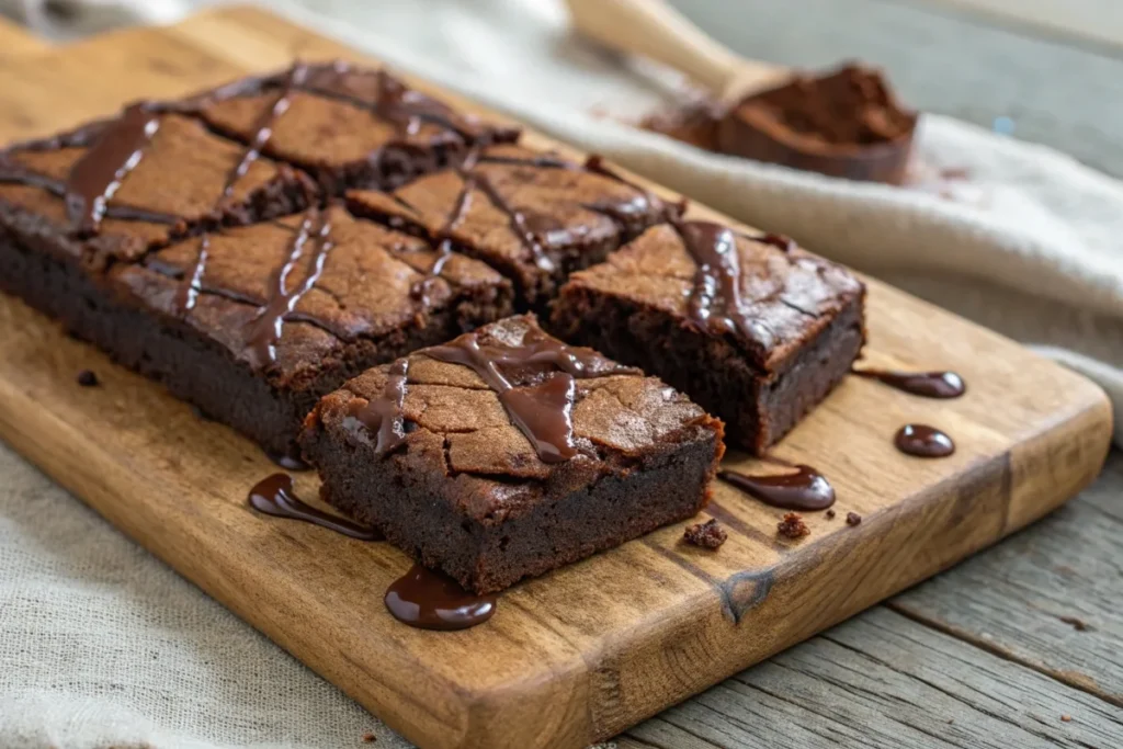 Dense fudgy brownies with a crackly top, sliced and drizzled with melted chocolate on a rustic board.