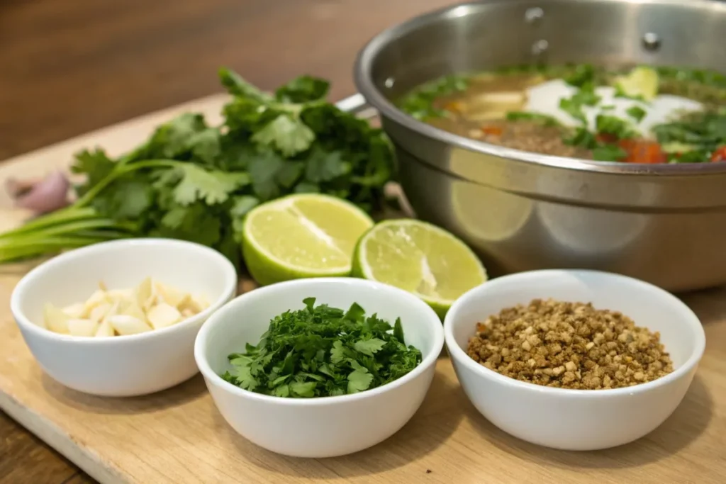 Herbs and spices for caldo de pollo, including cilantro, garlic, cumin, and lime wedges.