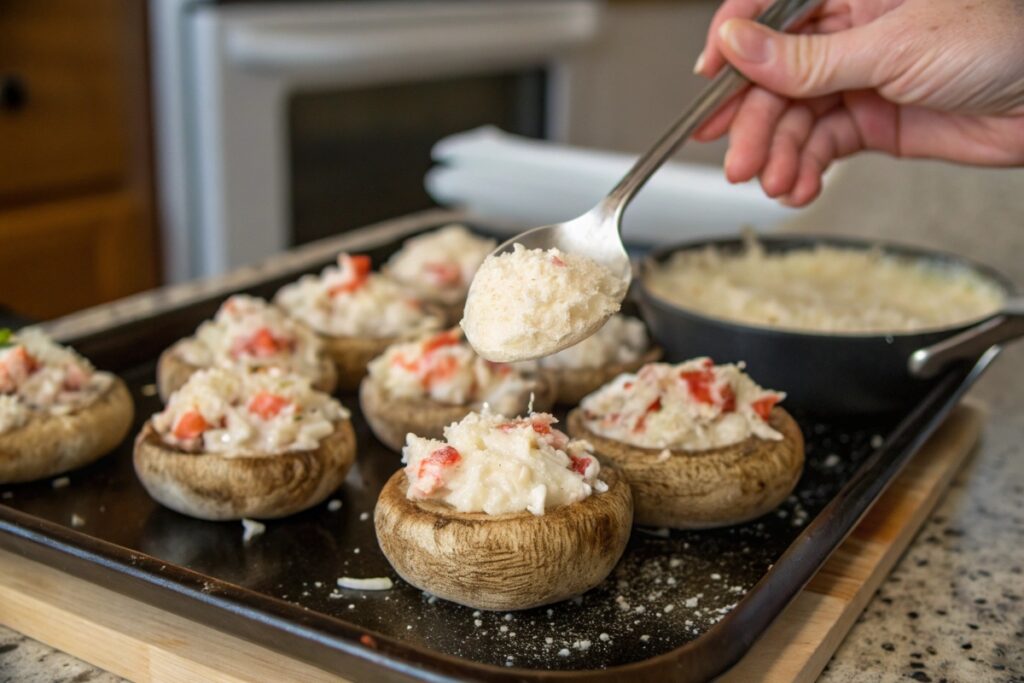 Step-by-step preparation of Red Lobster stuffed mushrooms, with a hand spooning creamy seafood filling into mushroom caps.