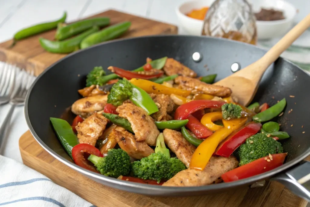 Stir-fried chicken with colorful vegetables in a soy-ginger sauce.