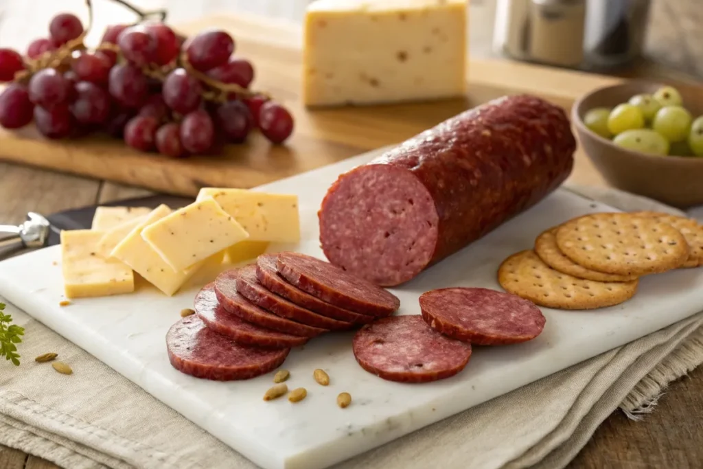 Summer sausage sliced on a wooden board with cheese, crackers, and grapes in a cozy rustic setting.