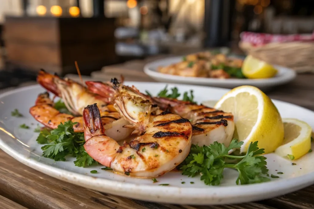 Grilled tiger shrimp with fresh parsley and lemon wedges, served on a rustic wooden plate with a warm seafood restaurant background.