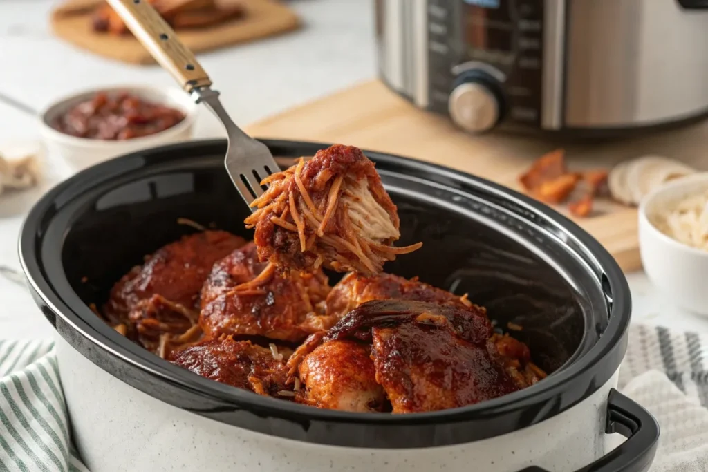 BBQ chicken crock pot dish with tender, shredded chicken in a rich barbecue sauce, served in a slow cooker.