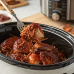 BBQ chicken crock pot dish with tender, shredded chicken in a rich barbecue sauce, served in a slow cooker.