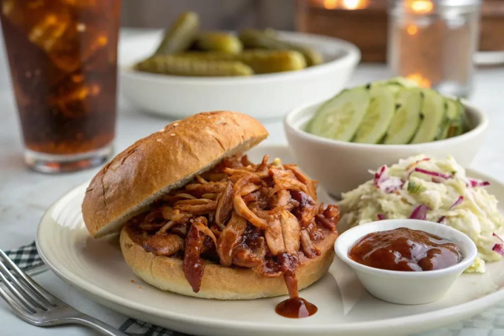 BBQ chicken crock pot sandwich with shredded barbecue chicken, coleslaw, and pickles on a toasted bun.