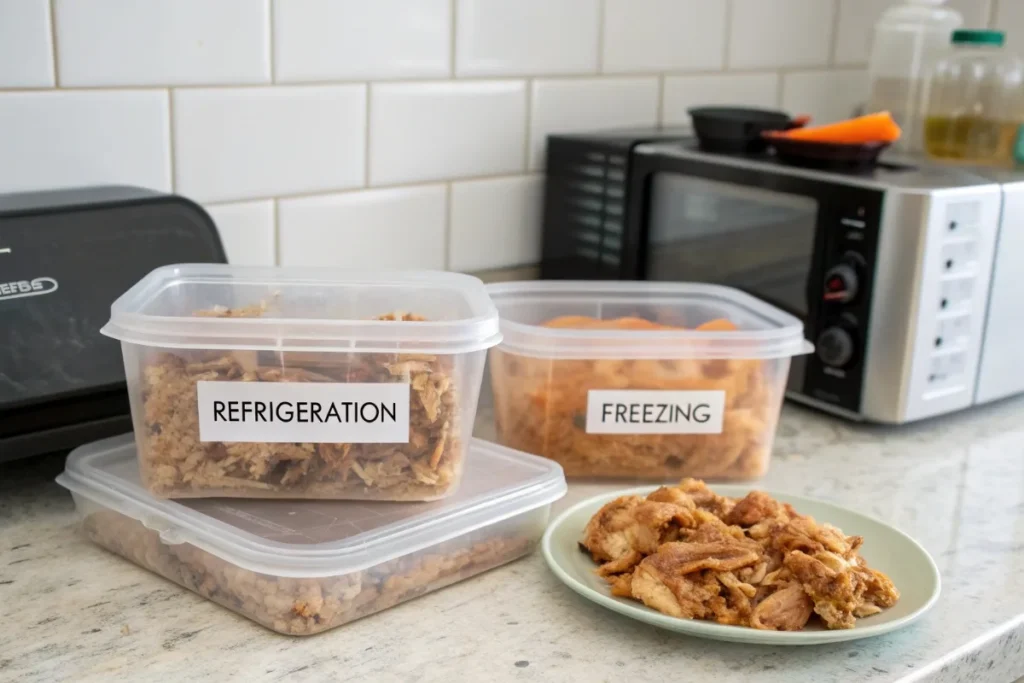 Meal prep containers with BBQ chicken crock pot leftovers, labeled for refrigeration and freezing, with a reheated plate nearby.