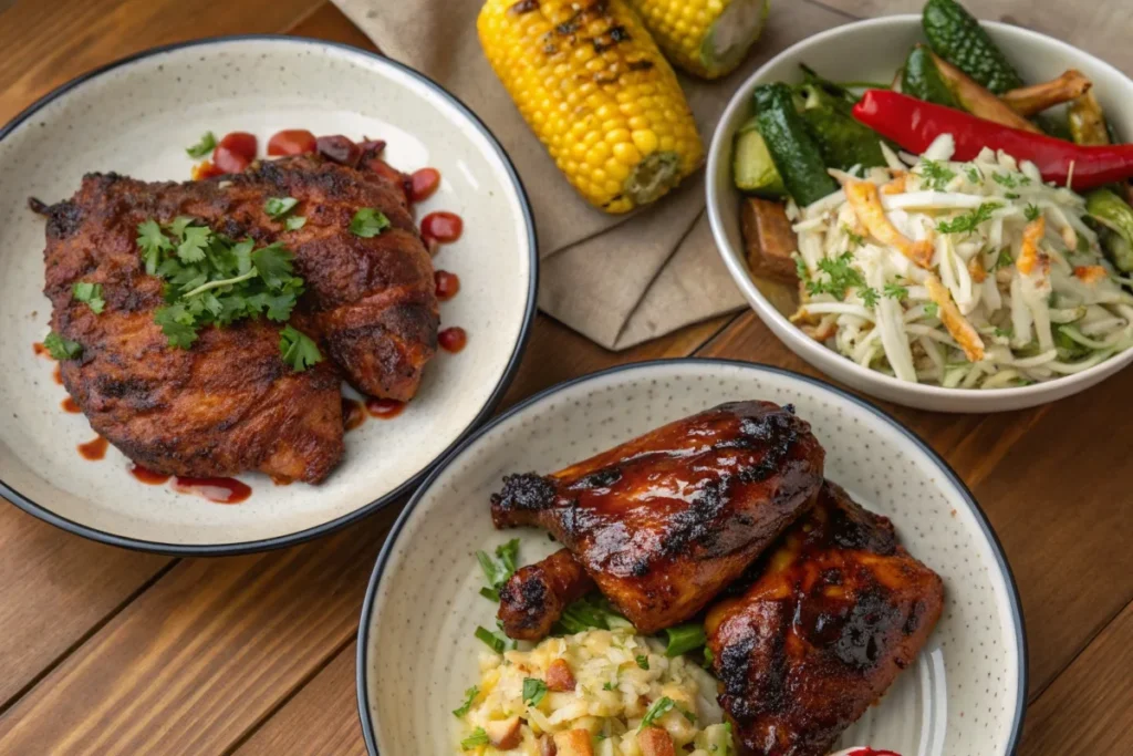 Three variations of BBQ chicken crock pot—spicy, sweet, and smoky—served with cornbread, roasted vegetables, and coleslaw.