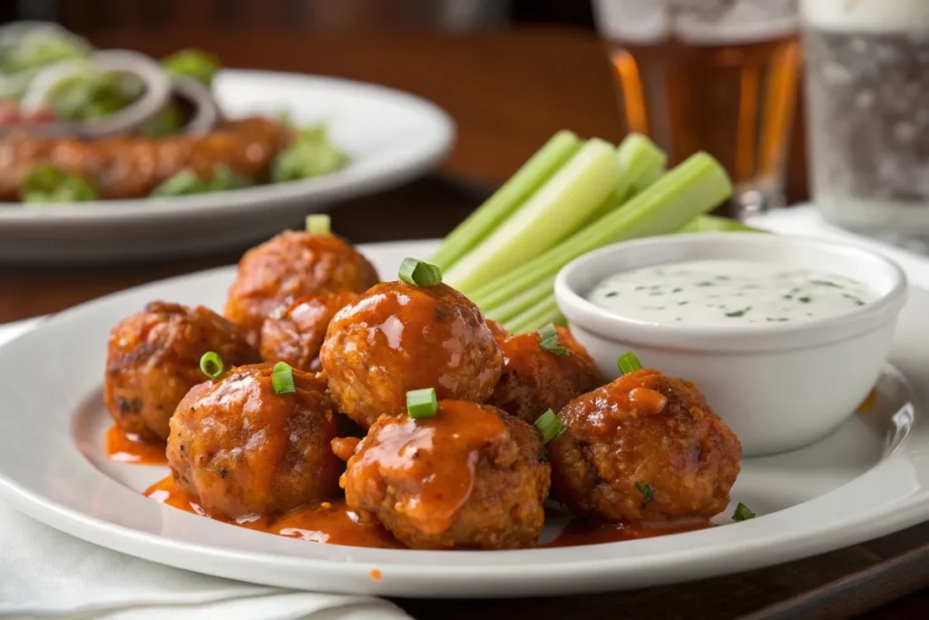 Buffalo chicken meatballs coated in spicy sauce, served with ranch dip and celery on a rustic wooden table.