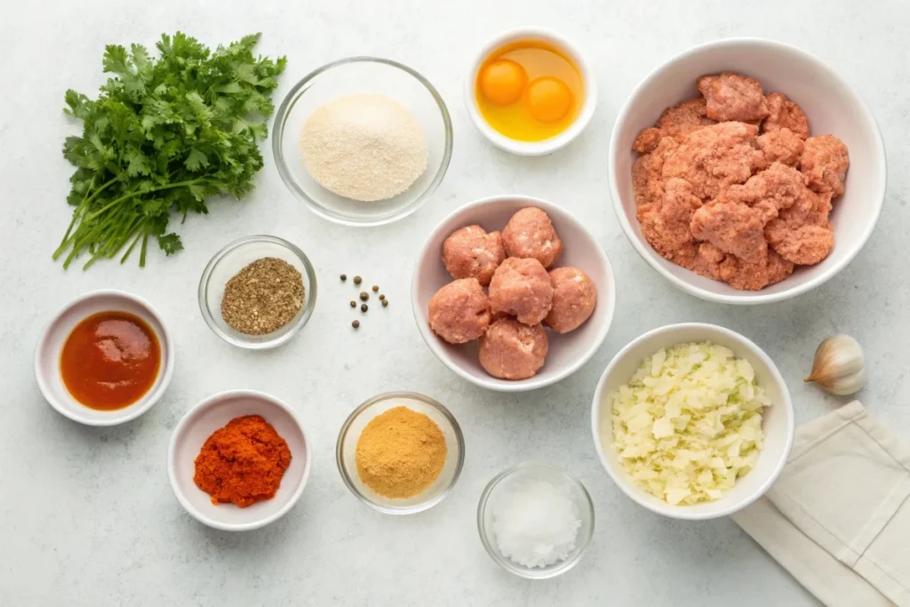 Fresh ingredients for buffalo chicken meatballs, including ground chicken, buffalo sauce, breadcrumbs, and spices on a kitchen counter.