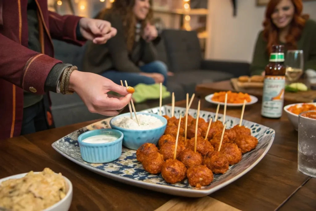 A party platter of buffalo chicken meatballs with guests enjoying the spicy appetizer with toothpicks and dipping sauces.