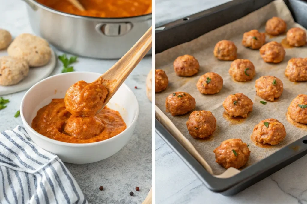 Step-by-step process of making buffalo chicken meatballs, from shaping and baking to coating them in buffalo sauce.