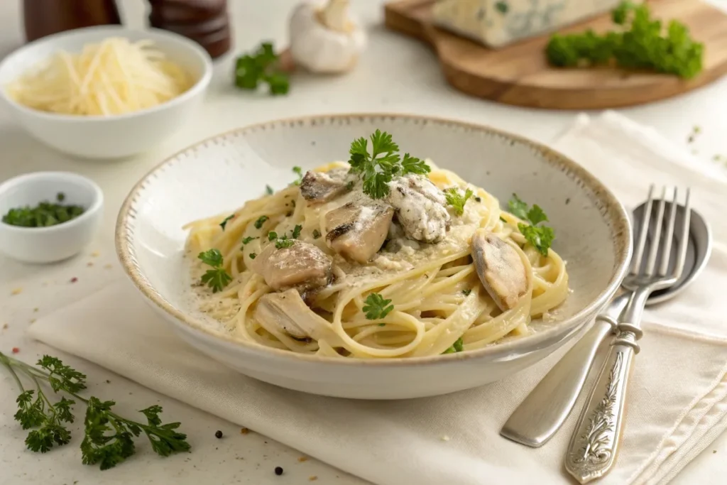 Delicious chicken mushroom pasta served in a rustic dish with fresh parsley and Parmesan.