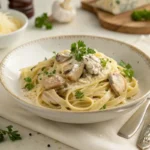 Delicious chicken mushroom pasta served in a rustic dish with fresh parsley and Parmesan.