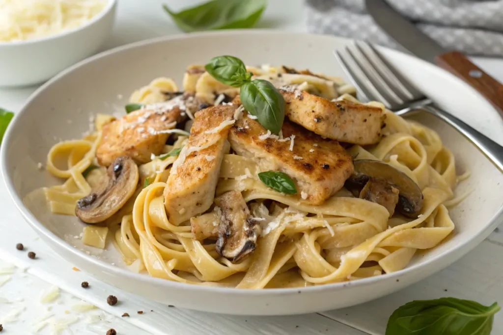 Creamy chicken mushroom pasta with fettuccine, golden chicken, and rich sauce, garnished with basil and Parmesan.