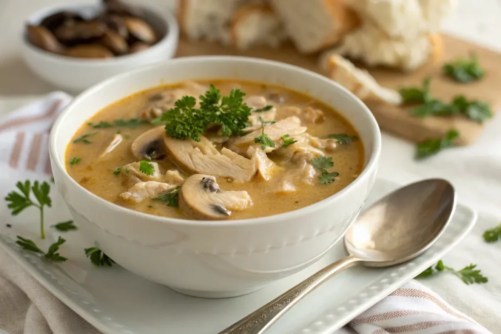 Warm and creamy chicken and mushroom soup in a bowl, topped with fresh parsley.