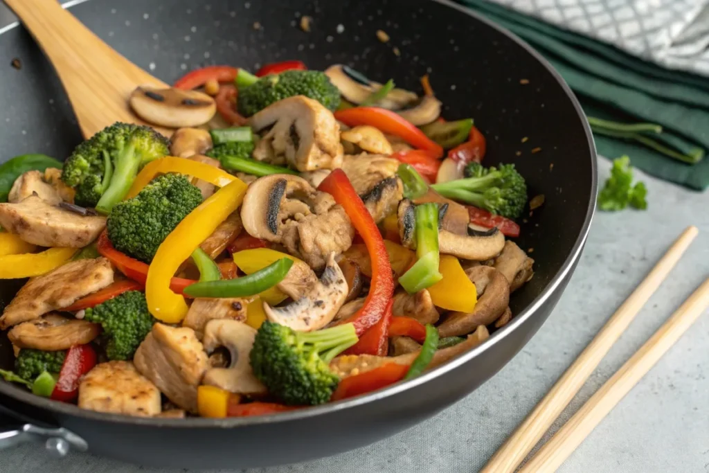 Healthy chicken mushroom stir-fry with colorful veggies and soy sauce, served in a wok.