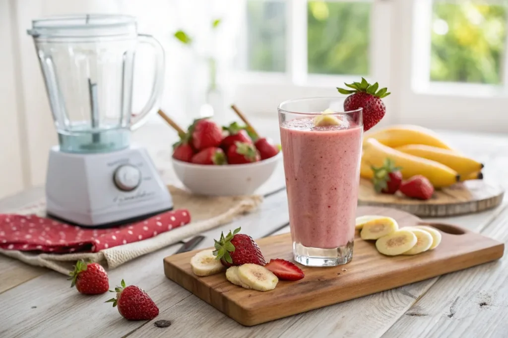 A delicious strawberry banana smoothie in a glass, garnished with fresh fruit, with a bright and refreshing background.