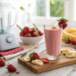 A delicious strawberry banana smoothie in a glass, garnished with fresh fruit, with a bright and refreshing background.