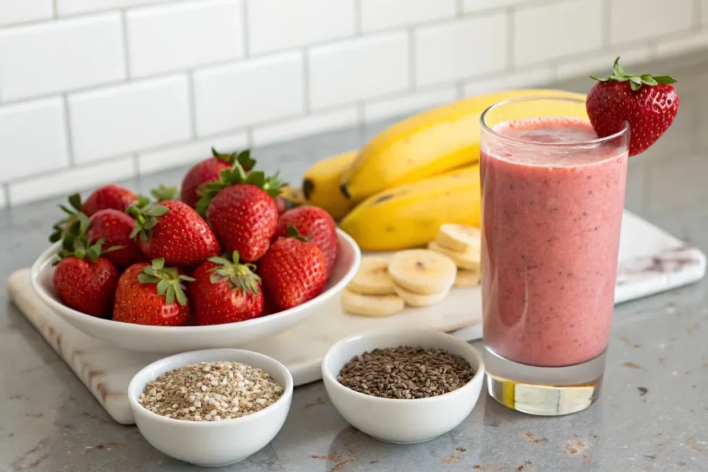 A glass of strawberry banana smoothie with fresh fruit and key nutritional ingredients, highlighting its health benefits.