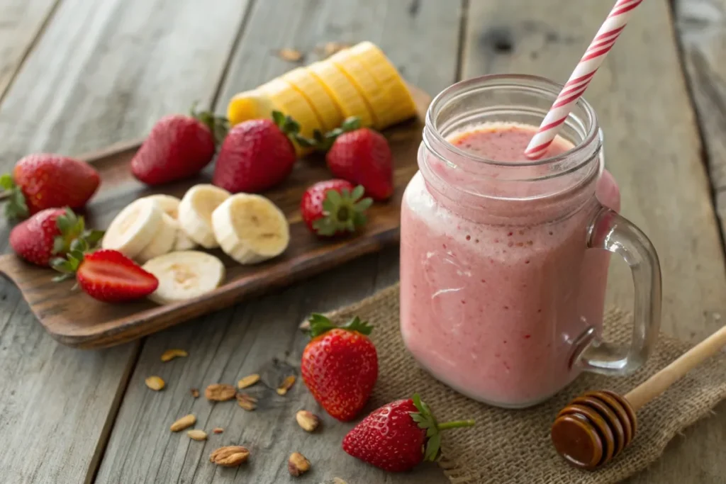 A creamy strawberry banana smoothie in a mason jar, surrounded by fresh fruit and honey on a rustic wooden table.