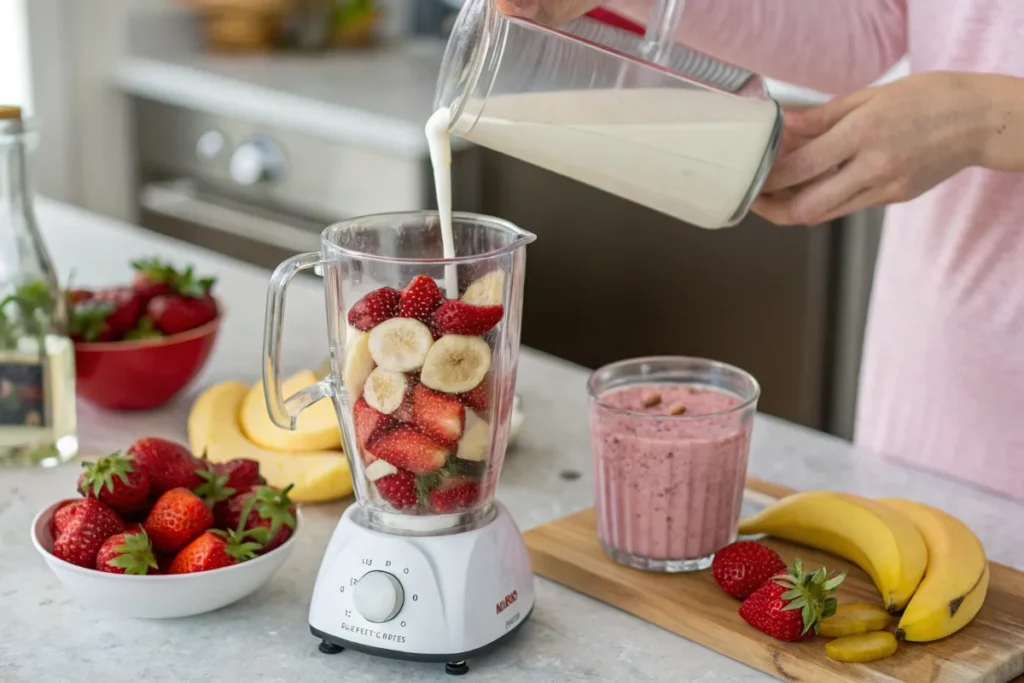 A blender filled with strawberries, bananas, and yogurt, with milk being poured in for a creamy smoothie preparation.